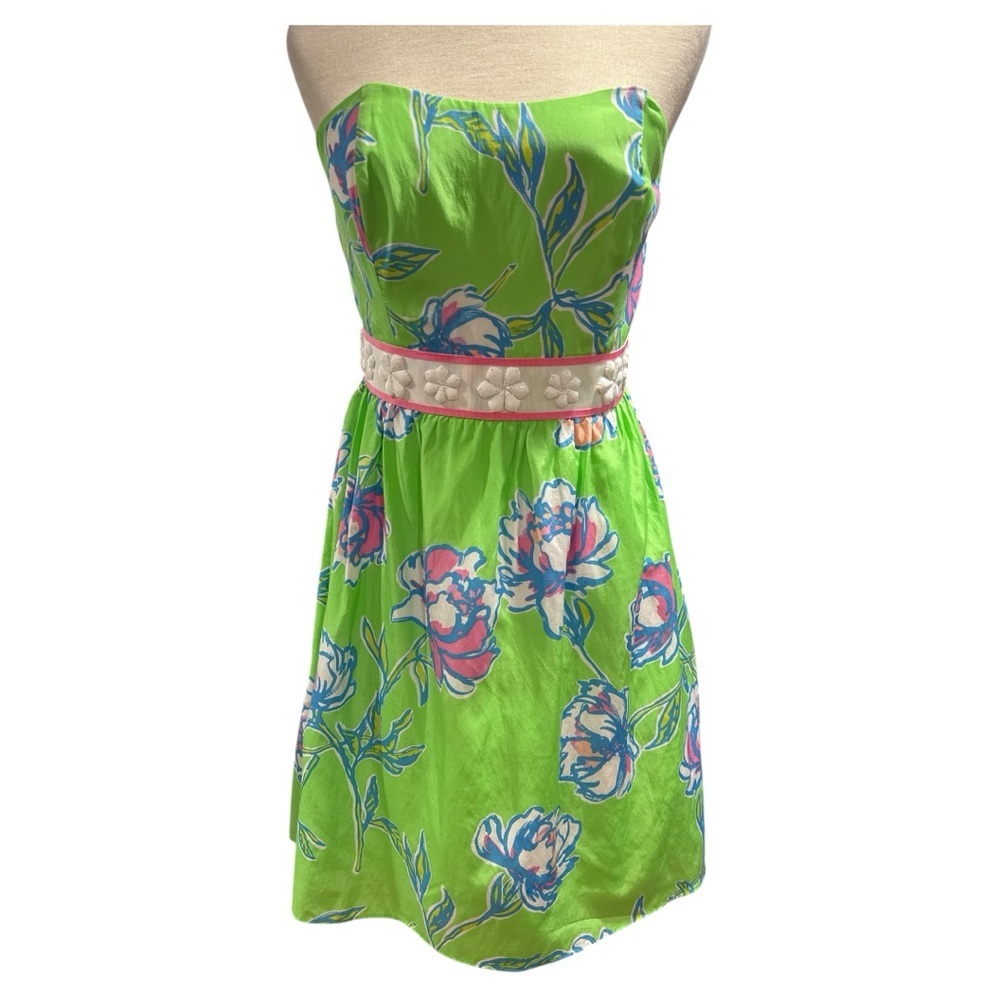 LILLY PULITZER WOMEN’S LANGLEY DRESS  LIME GREEN FLORAL SILK STRAPLESS SZ 8 - Picture 3 of 7